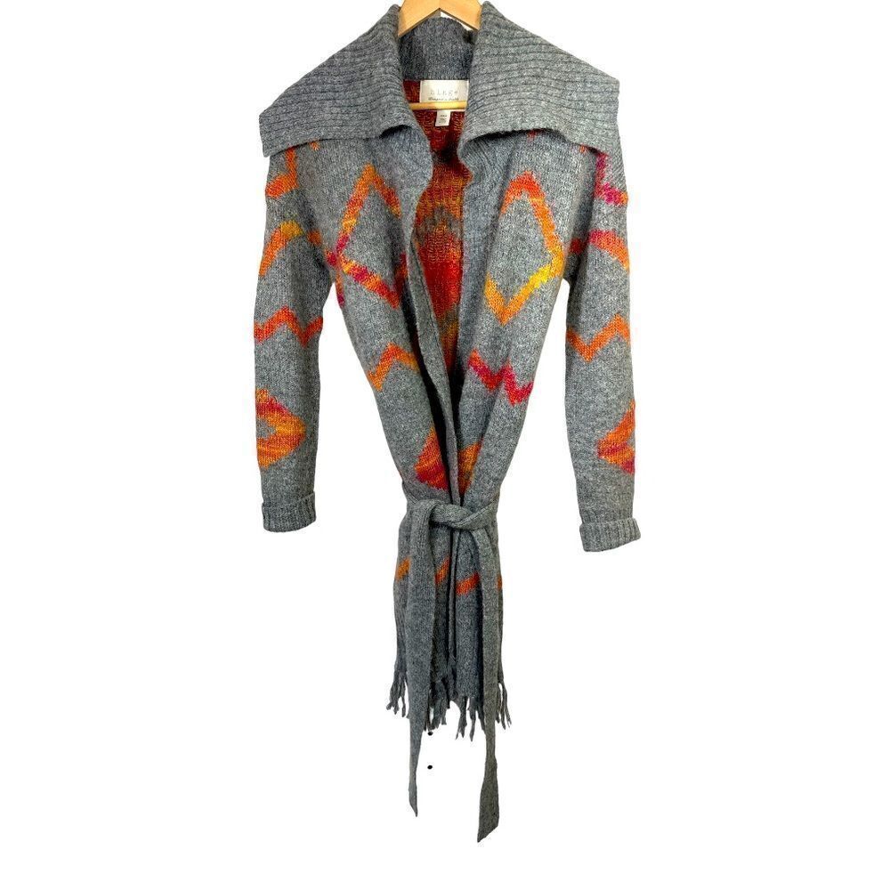 HINGE Women's Tribal Pattern Fringe Shawl Wrap Cardigan Gray Size Extra Small